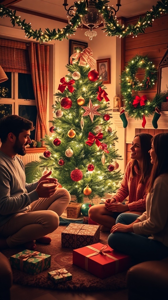 Friends celebrating Christmas together around a decorated tree with gifts and festive decorations.